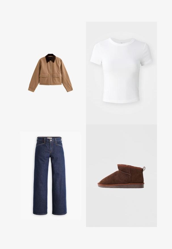 Tan ritsjack met een donkerbruine kraag en twee voorzakken met kleppen en drukknoopjes, plat gelegd op een witte achtergrond.; Effen witte cropped t-shirt met korte mouwen en ronde hals, weergegeven op een neutrale lichte achtergrond.; Donkerblauwe spijkerbroek met een hoge taille, wijdvallende pijpen en subtiele oranje stiksels. Bevat een sluiting met een knoop en ritssluiting aan de voorkant.; Bruine suède enkelslipper met gestikte naden, een lussenriem aan de hiel en een rubberen zool op een effen lichte achtergrond.