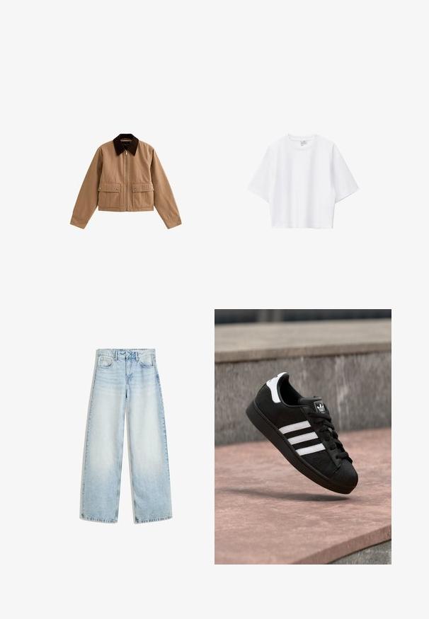 Tan ritsjack met een donkerbruine kraag en twee voorzakken met kleppen en drukknoopjes, plat gelegd op een witte achtergrond.; Witte cropped T-shirt van zacht katoen met een ronde hals, korte mouwen en een comfortabele pasvorm. Eenvoudig en veelzijdig ontwerp.; Lichtblauwe denim wijde jeans met een hoge taille, vijf zakken, een knoopsluiting en een vervaagde afwerking. Heeft rechte, losse benen.; Zwarte Adidas sneaker met witte strepen en hielriem, vastgelegd in de lucht boven een rozeachtige stenen ondergrond en een grijze betonnen achtergrond.