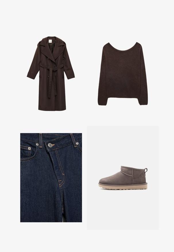 Brun trench coat lavet af glat stof. Har en bred krave, dobbeltknaplukning, bælte og sidelommer.; Brun strikket sweater med off-shoulder halsudskæring, lange ærmer og ribbede manchetter. Blød tekstur med en glat overflade.; Nærbillede af mørkeblå denimjeans foran med metalknap, lynlås, forlommer og orange syningsdetaljer.; Lav brun ruskindssko med lav ankelhøjde, slidstærk sål og træksnor på en ensartet baggrund.