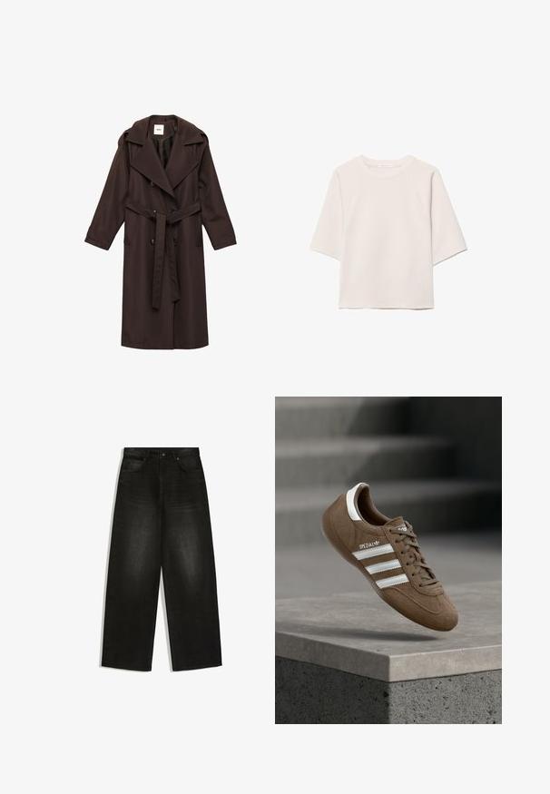 Brun trench coat lavet af glat stof. Har en bred krave, dobbeltknaplukning, bælte og sidelommer.; Hvid sweatshirt med korte ærmer, rund halsudskæring og raglan-sømme, vist på en ensfarvet hvid baggrund.; Sorte jeans med vide ben, frontknap og lynlås, bæltestropper og to forlommer på hvid baggrund.; Brun ruskind Adidas Spezial sneaker med hvide striber og snørebånd, svævende over en grå betonkantring mod en sløret baggrund af trapper.