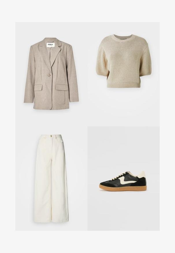 Blazer marron clair en tissu texturé, doté de deux poches avant, d'une fermeture à un seul bouton et d'un design à revers cranté.; Pull en tricot beige à manches courtes avec un col rond. Il présente un tissage texturé et lâche ainsi que des finitions côtelées pour un ajustement structuré.; Pantalon à jambes larges en tissu léger de couleur blanc cassé. Caractéristiques : taille haute, poches avant et fermeture par bouton.; Baskets en daim et cuir noir avec un swoosh latéral crème et un talon crème clair. Dotées de lacets beige et d'une semelle en caoutchouc gomme.
