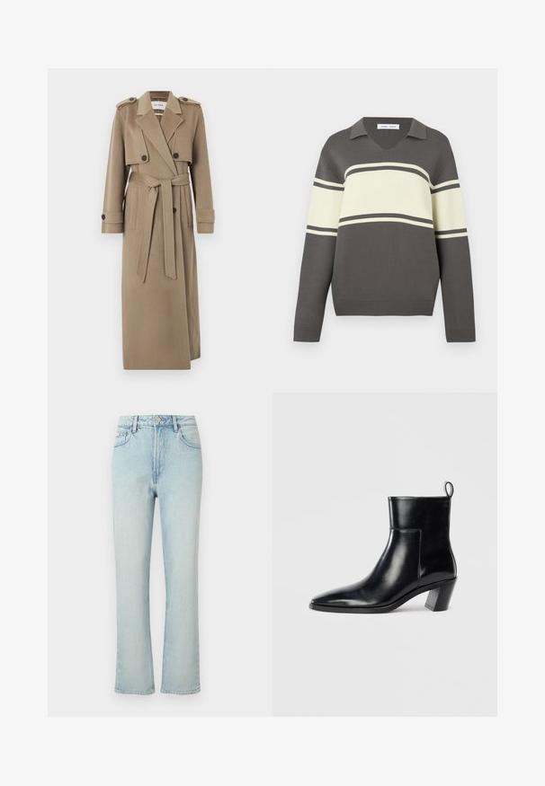 Long trench beige avec larges revers, épaulettes, poignets boutonnés, deux poches avant et une ceinture à la taille, présenté sur un fond gris.; Pull-over gris à manches longues avec de larges rayures horizontales crème et de fines rayures gris foncé, col en V.; Jean bleu clair taille haute à jambes droites avec bouton avant, passants de ceinture et design classique à cinq poches sur fond uni.; Bottine en cuir noir avec un bout pointu, un talon empilé géométrique et une languette à l'arrière. Texture lisse et design épuré.