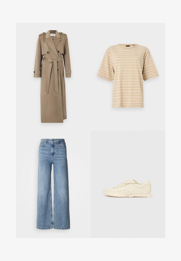 Long trench beige avec larges revers, épaulettes, poignets boutonnés, deux poches avant et une ceinture à la taille, présenté sur un fond gris.; T-shirt beige à manches courtes avec fines rayures blanches horizontales et col rond.; Jean large bleu clair en denim, avec une taille haute, un design à cinq poches et des ourlets bruts. Texture lisse avec une finition délavée.; Baskets basses de couleur crème avec des coutures ondulées, une fermeture à lacets et une semelle crantée, vues de côté sur un fond uni.