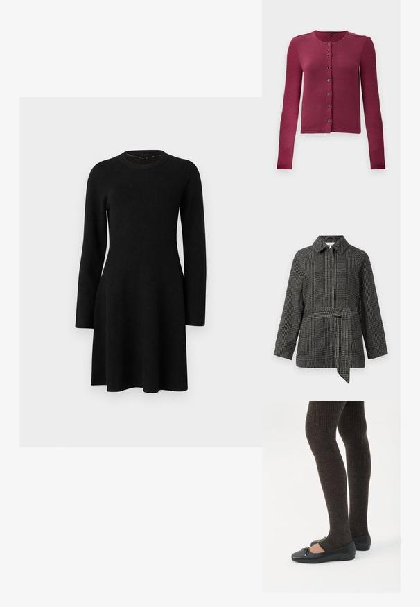 Chaqueta a cuadros en gris y negro, con cuello, mangas largas, cintura entallada con un cinturón de tela y una superficie de tela texturizada.; Cárdigan de botones de manga larga con relieve en rosa oscuro, con cuello redondo y siete botones negros y plateados en la parte delantera.; Vestido negro de manga larga hecho de una tela suave. Presenta un cuello redondo, un cuerpo ajustado y una falda acampanada, con una textura lisa. Sin patrones ni acentos.; Piernas con leggings oscuros acanalados combinados con bailarinas negras que presentan pequeños detalles de lazo sobre un fondo blanco.