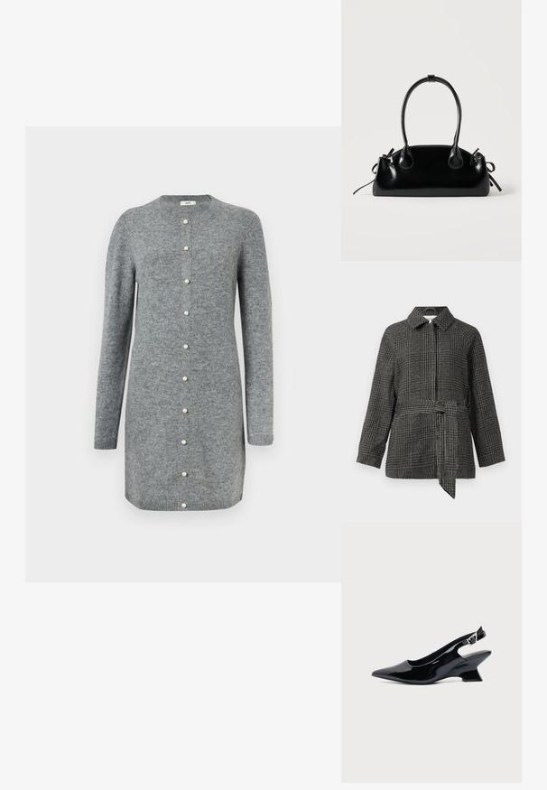 Chaqueta a cuadros en gris y negro, con cuello, mangas largas, cintura entallada con un cinturón de tela y una superficie de tela texturizada.; Vestido de cárdigan gris hecho de un suave tejido de punto, con un escote redondo, mangas largas y cierres de botones de perla por el frente.; Zapato slingback de cuero charol negro con puntera puntiaguda y tacón bajo en bloque inclinado sobre fondo claro liso.; Pequeño bolso negro brillante con dos asas largas y detalles de cordón lateral sobre un fondo claro liso.