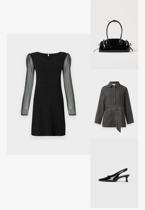 Chaqueta a cuadros en gris y negro, con cuello, mangas largas, cintura entallada con un cinturón de tela y una superficie de tela texturizada.; Vestido negro con escote en V y mangas largas transparentes con pequeños lunares negros, hasta la rodilla y con una cintura ajustada.; Zapatos de charol negro tipo slingback con punta afilada y tacón bajo. Correa ajustable con hebilla en el tobillo.; Pequeño bolso negro brillante con dos asas largas y detalles de cordón lateral sobre un fondo claro liso.