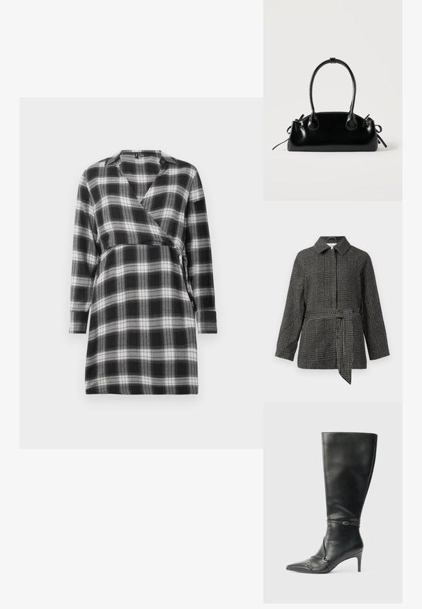 Geruit jack in grijs en zwart, met een kraag, lange mouwen, een getailleerde taille met een stoffen riem en een geweven oppervlak.; Zwart-witte geblokte wikkeljurk met lange mouwen, V-hals en een strik in de taille. Zacht materiaal met een ruitpatroon over het gehele kledingstuk.; Zwarte leren kniehoge laarzen met een slanke hak, puntige neus en banddetail bij de enkel. Gladde textuur en aansluitend ontwerp.; Kleine zwarte glanzende handtas met twee lange hengsels en zijkant trekkoord details op een effen lichte achtergrond.
