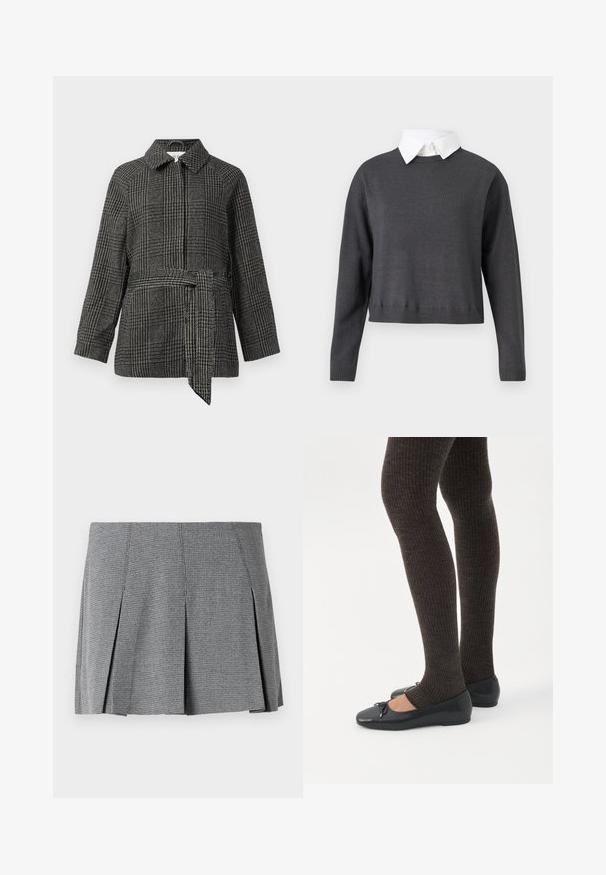 Geruit jack in grijs en zwart, met een kraag, lange mouwen, een getailleerde taille met een stoffen riem en een geweven oppervlak.; Donkergrijze cropped trui met lange mouwen, geribbelde zoom en een witte coltrui eronder, met een gladde textuur.; Grijze geplooide mini-jurk gemaakt van textuurstof, met een ruitpatroon en een rechte snit met splitdetails aan de zijkant.; Benen met donkere geribbelde leggings gecombineerd met zwarte ballerina's met kleine strikdetails op een witte achtergrond.