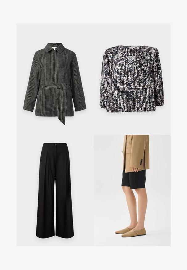 Chaqueta a cuadros en gris y negro, con cuello, mangas largas, cintura entallada con un cinturón de tela y una superficie de tela texturizada.; Blusa azul marino con un patrón texturizado de puntos en crema y beige, con escote en V y mangas largas abullonadas. Fabricada en tejido ligero.; Pantalones negros de pierna ancha con pinzas delanteras, cintura, cierre de botón y cremallera oculta.; Zapatos slip-on de ante en color marrón claro con punteras puntiagudas y un pequeño acento de hebilla. Llevados con pantalones cortos negros y una americana oversize beige.