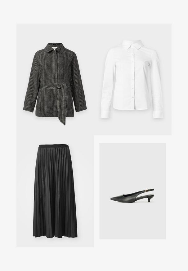 Chaqueta a cuadros en gris y negro, con cuello, mangas largas, cintura entallada con un cinturón de tela y una superficie de tela texturizada.; Camisa blanca de manga larga con botones, cuello puntiagudo, bajo recto y silueta ajustada, presentada sobre un fondo claro y liso.; Falda larga negra plisada con una textura suave y cinturilla elástica, que presenta pliegues verticales que crean volumen y movimiento.; Zapato de tacón slingback negro de punta afilada, hecho de cuero suave. Presenta un tacón delgado y un detalle de hebilla en la correa ajustable.