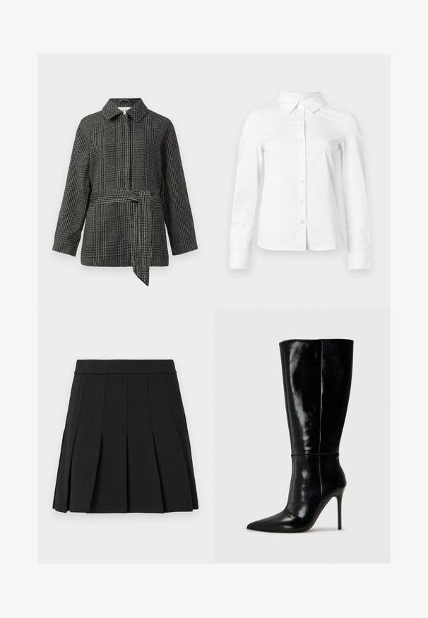 Veste à carreaux en gris et noir, avec un col, des manches longues, une taille cintrée avec une ceinture en tissu et une surface en tissu texturé.; Chemise blanche à manches longues avec boutons, col pointu, ourlet droit et silhouette ajustée, présentée sur un fond clair uni.; Jupe plissée noire en tissu lisse. Elle présente une large ceinture et plusieurs plis aiguille verticaux.; Bottes noires en cuir, hautes jusqu'au genou, avec un bout pointu et un talon aiguille haut. Texture lisse et design épuré, avec un minimum de détails.