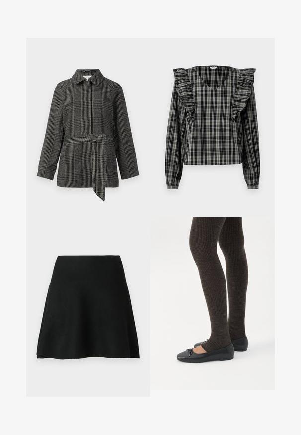 Geruit jack in grijs en zwart, met een kraag, lange mouwen, een getailleerde taille met een stoffen riem en een geweven oppervlak.; Zwart en grijs geruite blouse met ruches op de schouders, lange mouwen en een V-hals. Gemaakt van een lichtgewicht stof.; Zwarte skaterrok van zacht stof, met een uitlopende vorm en een gladde textuur, heeft een hoge tailleband en is geknipt boven de knie.; Benen met donkere geribbelde leggings gecombineerd met zwarte ballerina's met kleine strikdetails op een witte achtergrond.