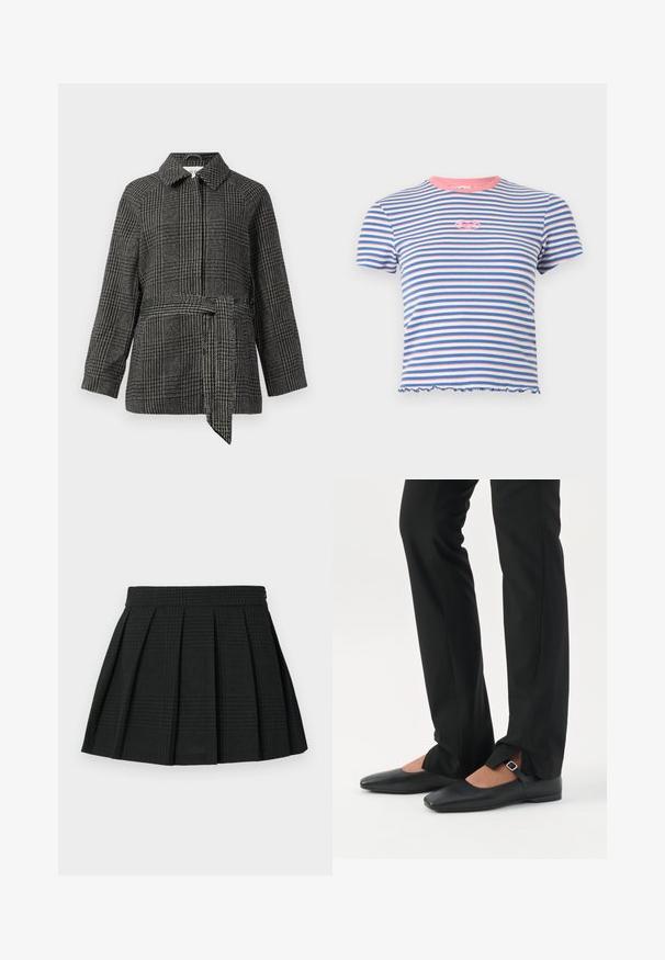 Chaqueta a cuadros en gris y negro, con cuello, mangas largas, cintura entallada con un cinturón de tela y una superficie de tela texturizada.; Top de punto acanalado de manga corta con rayas horizontales en azul, blanco y rosa, cuello rosa, pequeño logo rosa en el pecho y dobladillo ondulado.; Falda corta de pliegues negra hecha de tela texturizada. Presenta una cinturilla y un sutil patrón de cuadros en toda la prenda. Longitud corta con pliegues en capas.; Piernas con pantalones ajustados negros con aberturas frontales en el dobladillo, combinados con zapatos planos Mary Jane negros con una pequeña correa con hebilla.