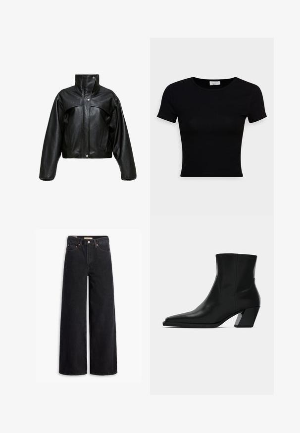 Chaqueta corta de cuero negro con cuello alto, que presenta una superficie ligeramente texturada, botones a presión y mangas amplias y abullonadas.; Camiseta negra de manga corta hecha de una suave tela de algodón, con un escote redondo y un diseño ajustado. Minimalista, sin patrones visibles.; Jeans de pierna ancha negros hechos de denim, con cinco bolsillos, remaches de cobre y un cierre clásico de botón. Textura suave con un diseño limpio.; Bota de tobillo de cuero negro con punta afilada, una silueta elegante y un tacón cuadrado grueso. Textura suave con detalles de costura mínimos.