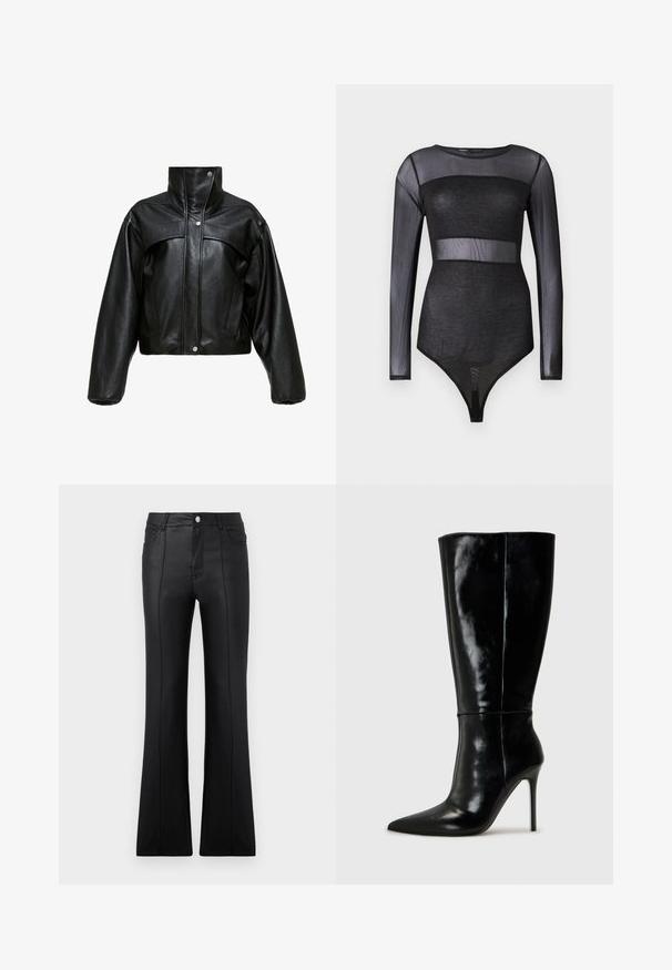Chaqueta corta de cuero negro con cuello alto, que presenta una superficie ligeramente texturada, botones a presión y mangas amplias y abullonadas.; Bodysuit negro transparente de manga larga con panel opaco y brillante en el pecho y la cintura, estilo ajustado, cuello redondo.; Pantalones de campana negros, hechos de un material sintético suave, con una cintura alta, bolsillos frontales y costuras visibles a lo largo de las piernas.; Botas de cuero negro hasta la rodilla con punta afilada y tacón alto de aguja. Textura suave y diseño elegante, con detalles mínimos.