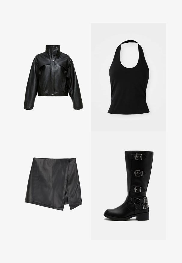 Chaqueta corta de cuero negro con cuello alto, que presenta una superficie ligeramente texturada, botones a presión y mangas amplias y abullonadas.; Top negro tipo halter hecho de una tela suave, con un escote redondeado y una silueta ajustada, con una textura lisa y sin patrones visibles.; Even&Odd Minifalda - black; Bota negra de cuero hasta media pantorrilla con cuatro hebillas metálicas ajustables y un tacón bajo en bloque sobre fondo blanco.
