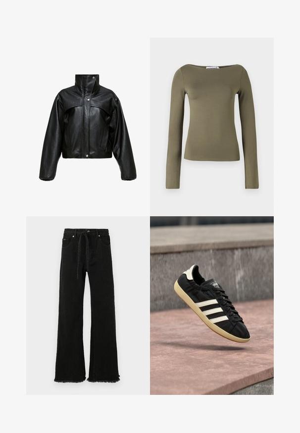 Chaqueta corta de cuero negro con cuello alto, que presenta una superficie ligeramente texturada, botones a presión y mangas amplias y abullonadas.; Top verde oliva de manga larga con un diseño ajustado, hecho de una tela suave y elástica con un escote ancho y costuras mínimas.; Pantalones de mezclilla negros de pierna ancha con cintura alta, cordón, dobladillo deshilachado y cinco bolsillos. Fabricados con una tela resistente y texturizada.; Zapatilla negra Adidas con rayas blancas y suela beige, capturada en el aire sobre una superficie de piedra y con fondo de muro de piedra.