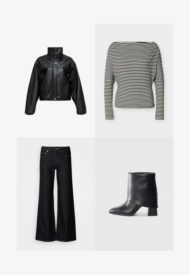 Chaqueta corta de cuero negro con cuello alto, que presenta una superficie ligeramente texturada, botones a presión y mangas amplias y abullonadas.; Top de manga larga con rayas horizontales en blanco y negro, escote de barco y mangas ajustadas sobre un fondo liso.; Pantalones vaqueros de pierna ancha y denim oscuro, con cintura alta, diseño de cinco bolsillos y costuras contrastantes en color amarillo a lo largo de las costuras.; Bota de cuero negro hasta el tobillo con punta afilada, textura suave y un tacón bloque estructurado. Presenta un diseño de puño alto y doblado.