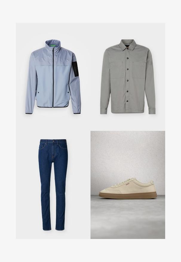 Chaqueta de manga larga de color azul claro con un alto cuello, cierre de cremallera en la parte delantera y detalles en negro. Presenta un bolsillo en la manga izquierda y puños elásticos.; Camisa gris de manga larga con botones, dos bolsillos en el pecho, cuello puntiagudo y parche con logo en la parte superior izquierda de la manga.; Vaqueros de mezclilla azul oscuro con un corte ajustado, diseño de cinco bolsillos, costuras visibles y cierre con botón en la cintura. Textura suave.; Zapatilla de ante beige claro con suela de goma color caramelo, cordones prominentes y detalles de costura sutiles. Diseño limpio con una estética minimalista.