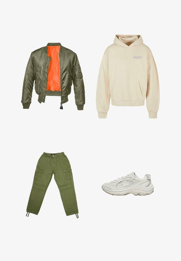 Olivgrüne Bomberjacke mit Reißverschluss vorne, gerippten Bündchen und orangefarbenem Futter. Verfügt über eine Seitentasche mit Reißverschluss und einer glatten Satinoberfläche.; Cremefarbener Hoodie mit einer vorderen Kängurutasche, Kapuze mit Kordelzug und gerippten Bündchen. Mit "móónérö" in helllila bedruckt. Baumwollmischgewebe.; Olivgrüne Cargo-Hosen aus leichtem Material, mit einem elastischen Bund, Schnürzügen und mehreren Seitentaschen.; Weißer Sneaker mit strukturiertem Obermaterial und klobiger Sohle. Merkmale sind geschwungene Linien, dezente graue Akzente und ein Schnürdesign.