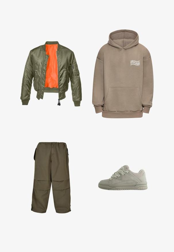 Olivgrüne Bomberjacke mit Reißverschluss vorne, gerippten Bündchen und orangefarbenem Futter. Verfügt über eine Seitentasche mit Reißverschluss und einer glatten Satinoberfläche.; Dropsize HEAVY - Kapuzenpullover - taupe; Khakifarbene Cargo-Hose mit einem elastischen Bund, seitlichen Taschen und Druckknopf-Details. Der Stoff hat eine glatte, leichte Textur.; Grau Sneaker mit niedrigem Schaft, dicken, strukturierten Schnürsenkeln, gepolstertem Kragen, genähten Einsätzen und einer profilierten Gummisohle für besseren Halt.