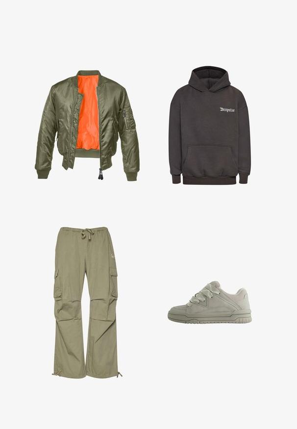 Olijfgroene bomberjack met een ritssluiting aan de voorkant, ribbelmanchetten en een oranje voering. Voorzien van een zijzak met een ritssluiting en een gladde satin textuur.; Dropsize DROPSIZE HERREN DROPSIZE HEAVY CLOUD DOVE HOODIE - Hoodie - washed black; Cargo broeken in olijfgroen, gemaakt van lichtgewicht stof, met een elastische tailleband, verstelbare manchetten en meerdere zijzakken.; Laag model grijze sneaker met dikke, gestructureerde veters, gevoerde kraag, gestikte panelen en een geribbeld rubberen zool voor grip.