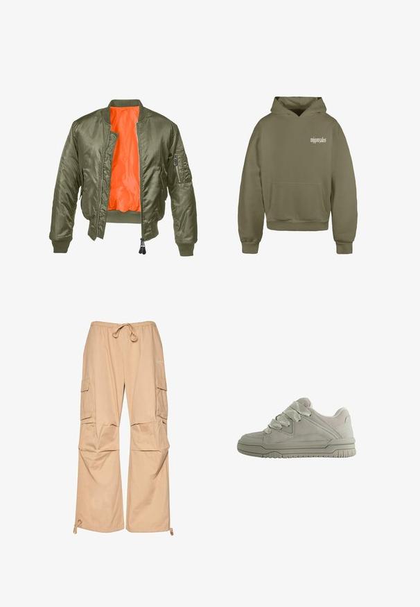 Olijfgroene bomberjack met een ritssluiting aan de voorkant, ribbelmanchetten en een oranje voering. Voorzien van een zijzak met een ritssluiting en een gladde satin textuur.; Olijfgroene hoodie, vervaardigd van een katoenmix, met een voorkeurszak, ribbelmanchetten en -zoom, en met "mjgonzales" in het wit gedrukt op de linkerborst.; Beige cargobroek met een elastische tailleband en trekkoord, voorzien van zijzakken en een relaxte pasvorm. Gemaakt van lichte stof.; Laag model grijze sneaker met dikke, gestructureerde veters, gevoerde kraag, gestikte panelen en een geribbeld rubberen zool voor grip.
