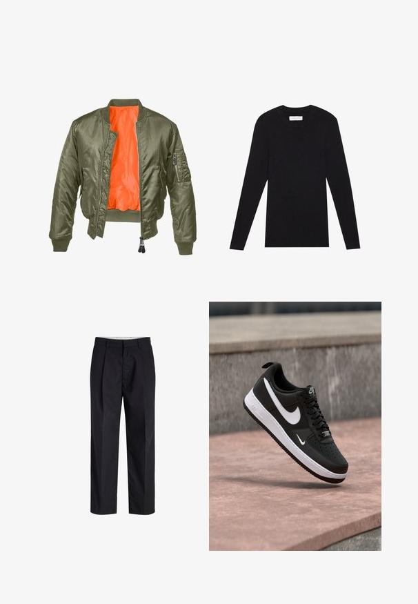 Olivgrüne Bomberjacke mit Reißverschluss vorne, gerippten Bündchen und orangefarbenem Futter. Verfügt über eine Seitentasche mit Reißverschluss und einer glatten Satinoberfläche.; Pier One MUSCLE FIT KNITJUMPER - Strickpullover - black; Schwarze gerade geschnittene Hose mit Bund, Gürtelschlaufen, Frontreißverschluss und Seitentaschen auf weißem Hintergrund.; Schwarz-weißer Nike Air Force 1 Sneaker, der über einer rosa Betonfläche mit grauem Stein-Hintergrund schwebt.