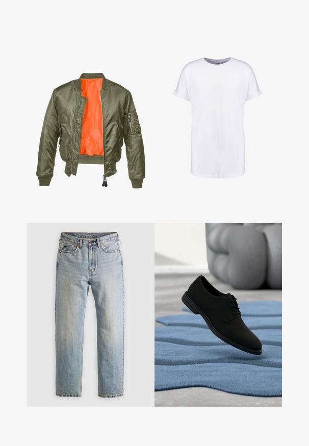 Olivgrüne Bomberjacke mit Reißverschluss vorne, gerippten Bündchen und orangefarbenem Futter. Verfügt über eine Seitentasche mit Reißverschluss und einer glatten Satinoberfläche.; Weißes Baumwoll-T-Shirt mit kurzen Ärmeln, Rundhalsausschnitt und lockerer Passform. Glatte Textur und keine sichtbaren Muster oder Designs.; Helle blaue Jeans mit hoher Taille, Frontknopf, Reißverschluss und fünf Taschen-Design, flach auf einem neutralen Hintergrund ausgelegt.; Schwarzer Schnürschuh für Damen, der über einem strukturierten blauen Teppich schwebt, mit einem grauen, genoppten Sofa im Hintergrund.