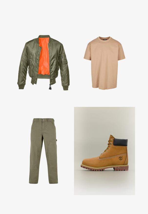 Olivgrüne Bomberjacke mit Reißverschluss vorne, gerippten Bündchen und orangefarbenem Futter. Verfügt über eine Seitentasche mit Reißverschluss und einer glatten Satinoberfläche.; Beige Baumwoll-T-Shirt mit Rundhalsausschnitt, kurzen Ärmeln und lockerer Passform; zeichnet sich durch eine glatte Textur und ein minimales Design aus.; Cargo-Hosen aus olivgrünem Baumwollgemisch, mitSeitentaschen, einem Knopfverschluss und einem entspannenden Schnitt mit verstärkten Nähten.; Brauner Leder-Stiefelette mit schwarzem Kragen, gelben Schnürsenkeln und hellbrauner Sohle. Verfügt über ein Logo und weiße Ziernähe. Robuste Profilsohle.