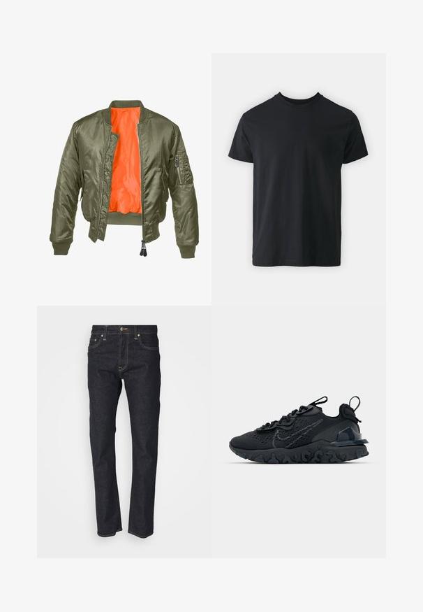 Olivgrüne Bomberjacke mit Reißverschluss vorne, gerippten Bündchen und orangefarbenem Futter. Verfügt über eine Seitentasche mit Reißverschluss und einer glatten Satinoberfläche.; Schwarzes Baumwoll-T-Shirt mit kurzen Ärmeln, Rundhalsausschnitt und lässiger Passform. Glatte Textur und gerader Saum, keine sichtbaren Grafiken oder Muster.; Dunkelblaue Jeans aus Denim mit geradem Schnitt, ausgestattet mit einem Knopfverschluss, fünf Taschen und goldenen Nähtelementen. Glatte Textur.; Schwarzer Sportschuh mit atmungsaktivem Mesh-Obermaterial, strukturierten Akzenten und einer wellenförmigen Gummisohle. Verfügt über ein reflektierendes Logo und ein Schnürsystem.