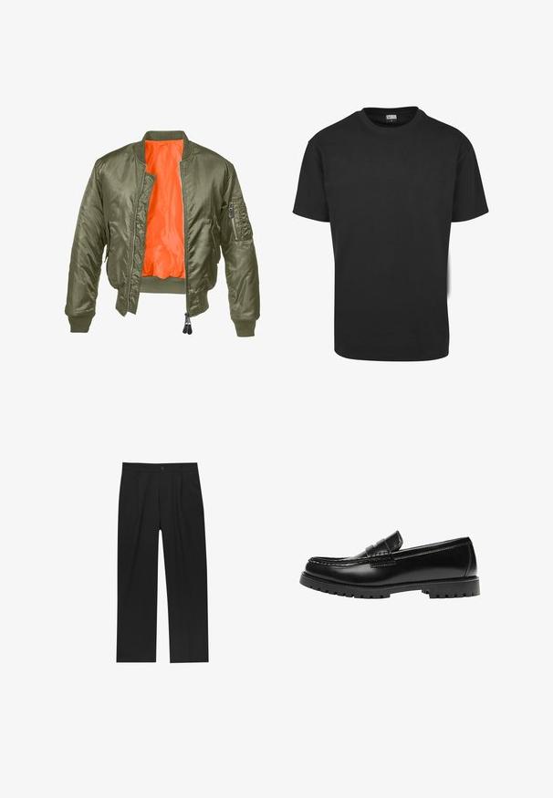 Olijfgroene bomberjack met een ritssluiting aan de voorkant, ribbelmanchetten en een oranje voering. Voorzien van een zijzak met een ritssluiting en een gladde satin textuur.; Zwart katoenen T-shirt met korte mouwen, ronde halslijn en een standaard pasvorm. De stof lijkt glad en ongekleed.; Zwarte broeken met een recht model, gemaakt van een gladde stof. Voorzien van een voorplooien en een enkele knoopsluiting bij de taille.; Zwarte leren loafer met een dikke rubberen zool en klassieke penny-strap details, gezien vanaf de buitenkant.