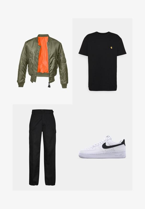 Olijfgroene bomberjack met een ritssluiting aan de voorkant, ribbelmanchetten en een oranje voering. Voorzien van een zijzak met een ritssluiting en een gladde satin textuur.; Zwarte katoenen t-shirt met korte mouwen, ronde hals en een klein geel logo op de linker borst. Eenvoudig ontwerp en normale pasvorm.; Zwarte cargobroek met een rechte pasvorm, voorzien van zijzakken, een knoopsluiting en elastische boorden bij de enkels. Gemaakt van duurzaam materiaal.; Witte leren sneaker met een gestructureerde zwarte Swoosh, platte veters en een rubberen zool met een geribbeld patroon. "AIR" is in de hak geperst.