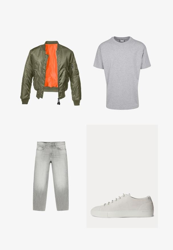 Veste bomber vert olive avec zip à l'avant, poignets côtelés et doublure orange. Comprend une poche latérale avec une fermeture zippée et une texture satinée lisse.; T-shirt en coton gris avec un col rond et des manches courtes. Design simple, sans motifs ni accents. Coupe classique décontractée.; Jean en denim gris clair, coupe droite, poches avant, passants pour ceinture, fermeture par bouton et fermeture éclair sur fond blanc.; Baskets basses blanches en suède avec lacets à l’avant et semelle en caoutchouc, design minimaliste.