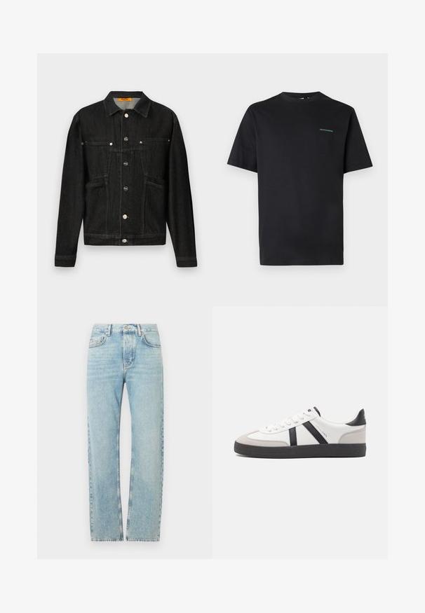 Zwarte denim jas met een kraag, twee borstzakken en knoopsluitingen. Gemaakt van zacht, geweven stof met een klassieke vorm.; Zwart T-shirt met korte mouwen en ronde hals, met kleine groene tekst "CREATIVEWORKERS" op de linkerborst, eenvoudig ontwerp, op een lichtgrijze achtergrond.; Lichtblauwe denim jeans met een rechte pijp, voorzien van een klassieke tailleband, vijf zakken en subtiele veroudering over de stof.; Witte sneaker met zwarte en grijze accenten, voorzien van een grijze neus met textuur, zwarte rubberen zool en platte witte veters. Schoon ontwerp, minimalistische stijl.