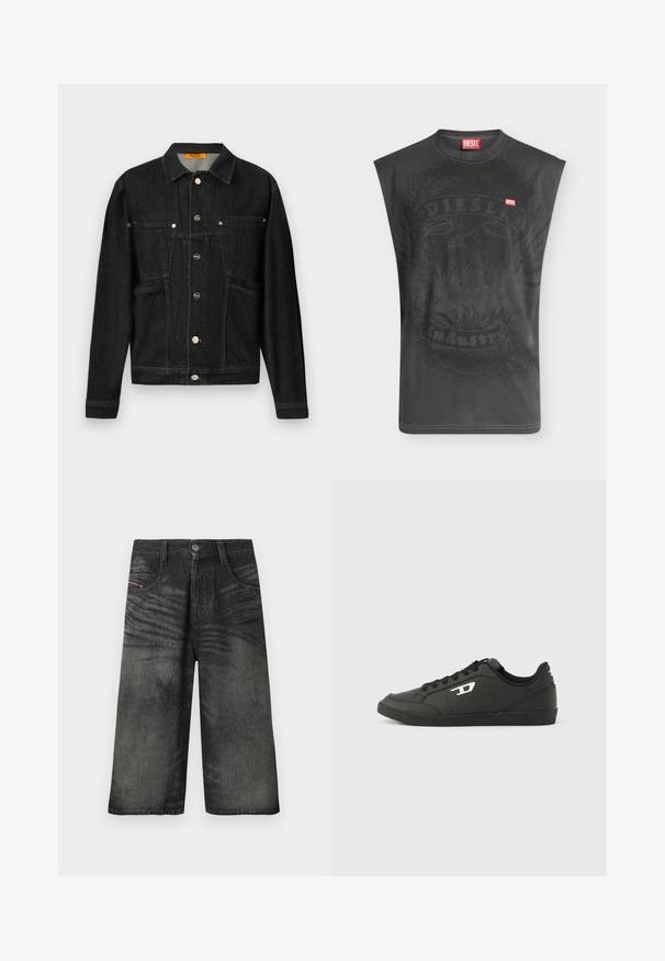 Zwarte denim jas met een kraag, twee borstzakken en knoopsluitingen. Gemaakt van zacht, geweven stof met een klassieke vorm.; Mouwloos zwart Diesel T-shirt met subtiele adelaarafbeelding en klein rood Diesel logo op de borst.; Zwarte wijd uitlopende denim shorts met knopen aan de voorkant, ritssluiting, riemlussen en vervaagde textuurdetails.; Zwarte sneakers van synthetisch materiaal met een geribbelde zwarte zool, ronde neus en vlakke zwarte veters. Opvallend wit logomerk aan de buitenzijde.