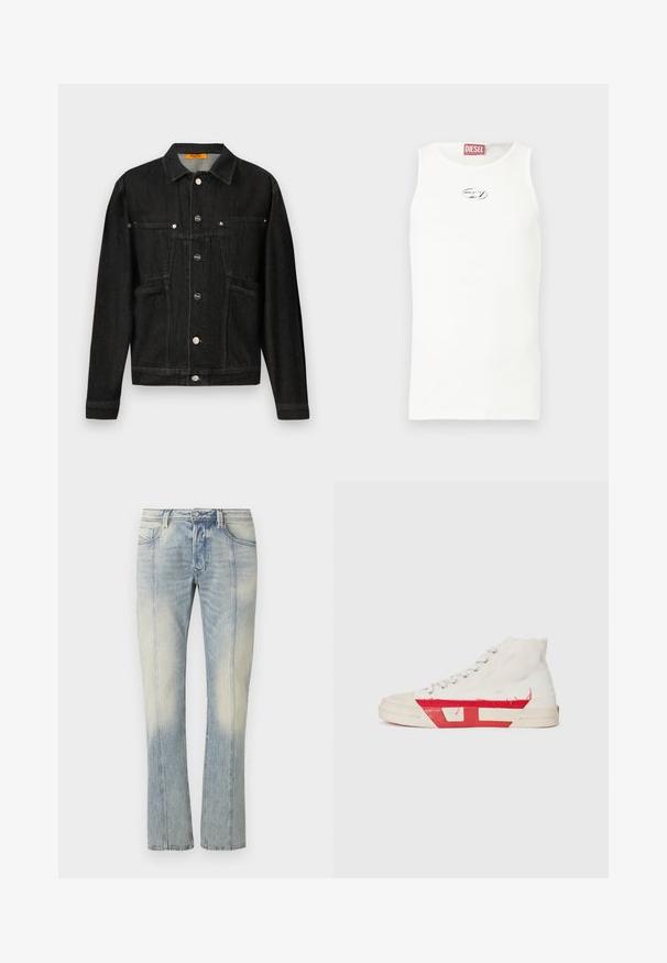 Zwarte denim jas met een kraag, twee borstzakken en knoopsluitingen. Gemaakt van zacht, geweven stof met een klassieke vorm.; Witte mouwloze tanktop gemaakt van gladde stof, met een klein zilveren logo op de borst en een rood label aan de halslijn.; Lichtblauwe denim jeans met een rechte pijp, voorzien van dubbele stiksels, voorzakken en een verweerde afwerking. Geen zichtbare merkaanduiding.; Hoge sneakers met een witte canvas bovenkant, rode rubberen accenten en een versleten zoomdetail, met zilveren oogjes en een gestructureerde zool.