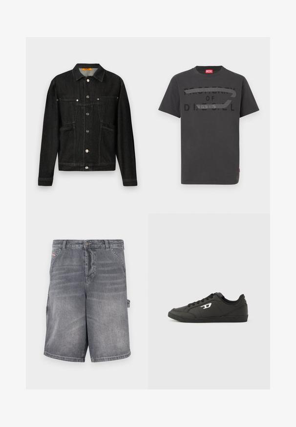 Zwarte denim jas met een kraag, twee borstzakken en knoopsluitingen. Gemaakt van zacht, geweven stof met een klassieke vorm.; Grijze katoenen t-shirt met vetgedrukte zwarte tekst "EIGENDOM VAN D.I.E.S.E.L.", met een gladde textuur en korte mouwen.; Grijze denim shorts met een rechte pasvorm, vijf zakken en gestikte details. Voorzien van een knoopsluiting en een zijlus voor aanpassing.; Zwarte sneakers van synthetisch materiaal met een geribbelde zwarte zool, ronde neus en vlakke zwarte veters. Opvallend wit logomerk aan de buitenzijde.