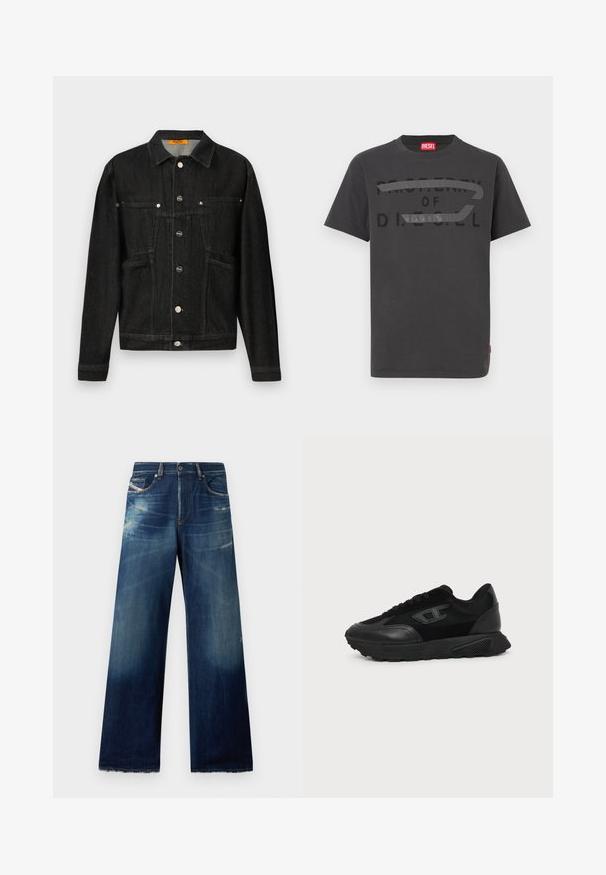 Sort denimjakke med kravehals, to brystlommer og knaplukninger. Lavet af blødt, tekstureret stof med en klassisk form.; Grå bomulds-T-shirt med fed sort tekst, der lyder "PROPERTY OF D.I.E.S.E.L.", med en glat tekstur og korte ærmer.; Bredde denim jeans i mørkeblå med slidte områder, distressed detaljer og flossede kanter. Fire lommer og knaplukning.; Sort lavt snøresko med struktureret sål, mesh- og læderoverdel, snørebånd foran og et lille præget logo på sidepanelet.