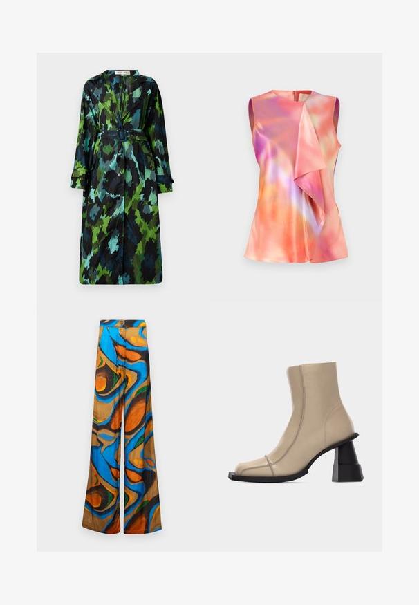 Lang, let trenchcoat med et grønt og sort camouflage mønster, bælte om taljen, knaplukning og afslappet pasform med store lommer.; Ærmeløs top i satinmateriale, der præsenterer et farverigt abstrakt mønster med nuancer af pink, orange og violet, samt en draperet frontdesign.; Bredde benbukser med et multicolor abstrakt mønster i blå, orange og brune nuancer. Fremstillet af et let stof med en glat tekstur.; Beige læder ankelstøvle med firkantet tå, synlige sømme og chunky sort skulptureret blokhæl på hvid baggrund.