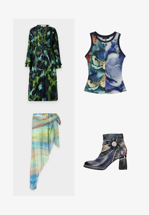 Lang, let trenchcoat med et grønt og sort camouflage mønster, bælte om taljen, knaplukning og afslappet pasform med store lommer.; Ærmeløs damesinglet med rund hals og abstrakt blå, grøn og beige akvarelprint, med mørke kanter.; Asymmetrisk gennemsigtig omslagsnederdel med blå, grøn og beige gradientmønster, fastgjort med et dekorativt perlebælte og rundt spænde.; Ankelstøvle med en blank, mørkeblå lædertå og en blomsterpræget tekstiloverdel, der har en dekorativ blomst og en struktureret blokhæl.