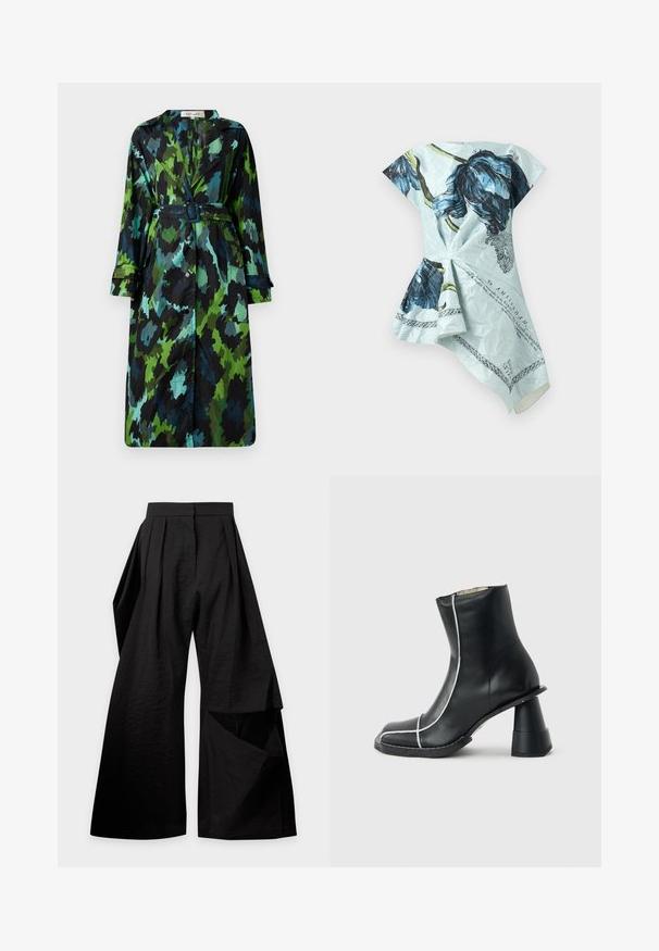 Lang, let trenchcoat med et grønt og sort camouflage mønster, bælte om taljen, knaplukning og afslappet pasform med store lommer.; Asymmetrisk lyseblå kjole med stort mørkeblå blomsterprint og sort tekst, med en indsnøret talje og draperet nederdel.; Sort viddebukser med læg ved taljen og et overlappende stofstykke på højre ben.; Sort læderankelstøvle med hvide syninger, firkantet snude og unik bredt udflaret hæl, vist i sidelayout på grå baggrund.
