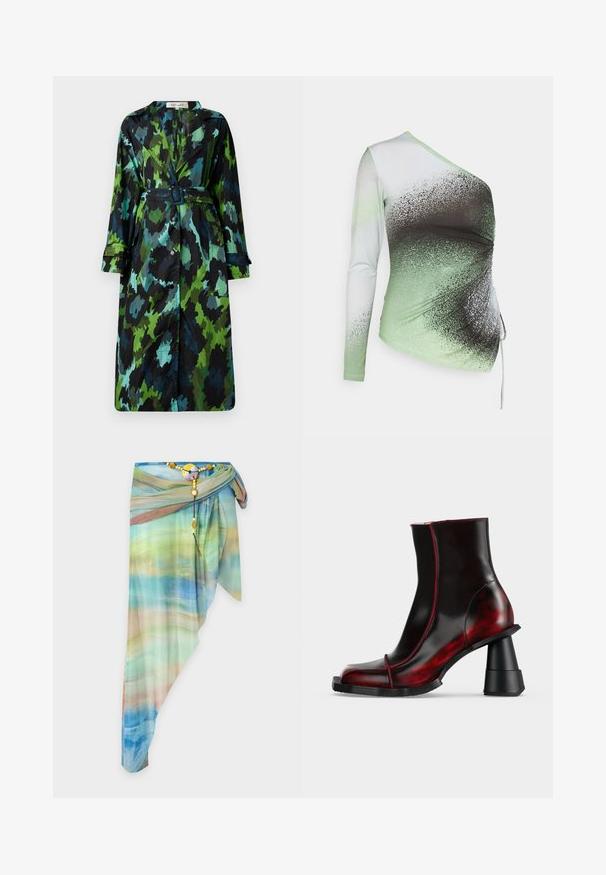 Lang, let trenchcoat med et grønt og sort camouflage mønster, bælte om taljen, knaplukning og afslappet pasform med store lommer.; Elleme ONE SHOULDER - Langærmet T-shirt - light green/white; Asymmetrisk gennemsigtig omslagsnederdel med blå, grøn og beige gradientmønster, fastgjort med et dekorativt perlebælte og rundt spænde.; Sort og mørkerødt skinnende ankelstøvle med geometrisk chunky hæl og firkantet tå, vist på en ensfarvet lys baggrund.