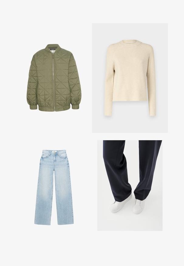 Veste matelassée vert olive avec fermeture éclair à l'avant, col montant et manches élastiquées. Présente un motif géométrique sur le tissu.; Pull en tricot côtelé couleur crème avec un col rond, des manches longues et une coupe droite. Texture douce avec des variations tonales subtiles.; Jean large à lavage clair en denim. Caractérisé par une taille haute, cinq poches et une fermeture éclair avec bouton. Texture légèrement usée.; Baskets blanches avec semelles en caoutchouc texturées et lacets plats, associées à un pantalon bleu marine foncé affichant un tissu fluide et ample et une coupe ajustée.