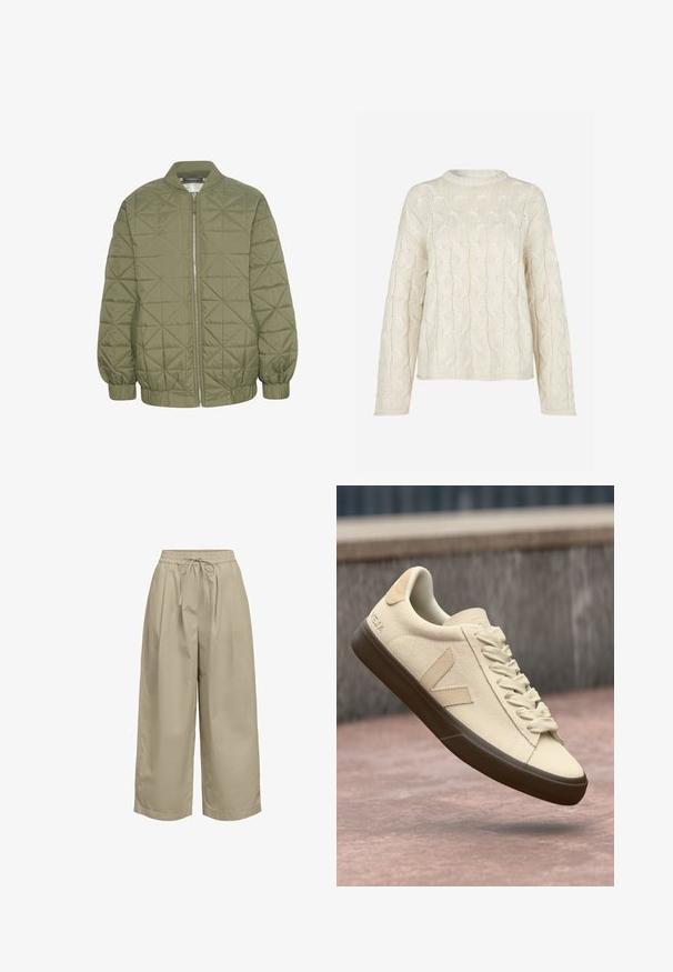Veste matelassée vert olive avec fermeture éclair à l'avant, col montant et manches élastiquées. Présente un motif géométrique sur le tissu.; Envii FIONA - Pullover - beige; Pantalon beige court, coupe ample, avec taille élastique et cordelette, en tissu léger.; Baskets en cuir vegan beige avec lacets crème, semelle en caoutchouc marron et détail de logo au talon. Design épuré avec des accents tonaux subtils.