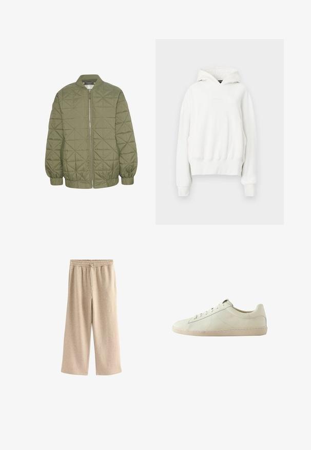 Chaqueta acolchada de color verde oliva con cierre de cremallera en el frente, cuello alzado y puños elásticos. Presenta un patrón geométrico en la tela.; Sudadera blanca con capucha y corte relajado. Presenta un bolsillo canguro, puños de canalé y una tela suave y texturizada. Logotipo sutil en el pecho.; Pantalones de pierna ancha color crema, hechos de una suave mezcla de algodón. Presentan una cintura elástica con cordón y una sutil textura moteada.; Zapatilla blanca de piel de corte bajo con superficie texturizada, cierre de cordones y suela de goma beige, mostrada de lado sobre un fondo blanco.