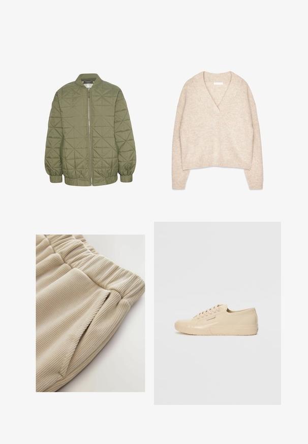 Chaqueta acolchada de color verde oliva con cierre de cremallera en el frente, cuello alzado y puños elásticos. Presenta un patrón geométrico en la tela.; Suéter de punto beige con un profundo escote en V, mangas anchas y un diseño recortado. La textura es suave y ligeramente moteada. Sin cierres.; Pantalones cortos de tela de canalé beige con cintura elástica y bolsillos laterales, con una textura suave y diseño de corte relajado.; Zapatillas bajas beige con un acabado brillante, que presentan una suela de goma texturizada, punta redonda y seis ojales para los cordones.