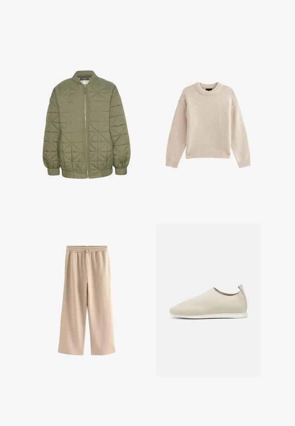 Chaqueta acolchada de color verde oliva con cierre de cremallera en el frente, cuello alzado y puños elásticos. Presenta un patrón geométrico en la tela.; Jersey de punto beige con cuello redondo, mangas largas y dobladillo acanalado. Tela texturizada con una apariencia suave. Diseño simple y versátil.; Pantalones de pierna ancha color crema, hechos de una suave mezcla de algodón. Presentan una cintura elástica con cordón y una sutil textura moteada.; Zapato slip-on de punto beige con perfil bajo, parte superior texturizada y suela flexible. Presenta un diseño trenzado alrededor del tobillo para mayor comodidad.