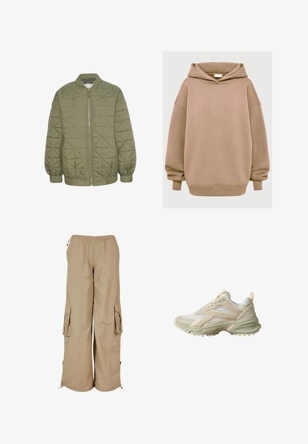 Chaqueta acolchada de color verde oliva con cierre de cremallera en el frente, cuello alzado y puños elásticos. Presenta un patrón geométrico en la tela.; Sudadera oversized en un suave tejido de algodón mezclado, con capucha con cordones, puños acanalados y logo bordado en la parte delantera. Textura suave.; Pantalones cargo beige con cintura elástica, dos bolsillos laterales y detalles de malla; fabricados en un tejido ligero y texturizado.; Zapatilla deportiva beige claro y crema con paneles de malla y ante, suela gruesa y lengüeta en el talón.