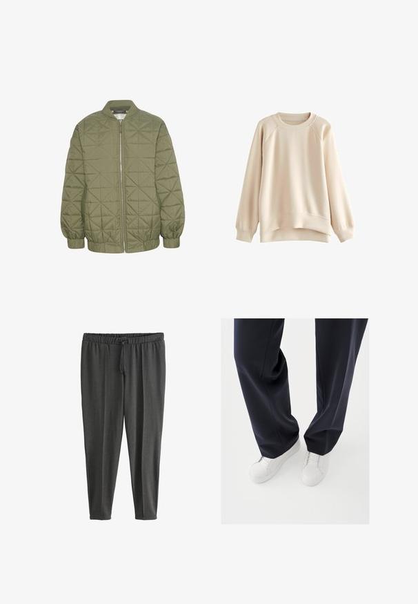 Chaqueta acolchada de color verde oliva con cierre de cremallera en el frente, cuello alzado y puños elásticos. Presenta un patrón geométrico en la tela.; Sudadera color beige claro con cuello redondo, mangas raglán y dobladillo ligeramente curvado. Fabricada con tejido suave y puños de canalé.; Pantalones jogger de color gris oscuro, ligeros, hechos de tela suave. Cuentan con una cinturilla elástica con cordón y piernas estrechadas. Textura lisa.; Zapatillas blancas con suelas de goma texturizadas y cordones planos, combinadas con pantalones azul marino oscuro que muestran una tela suelta, suave y un corte a medida.